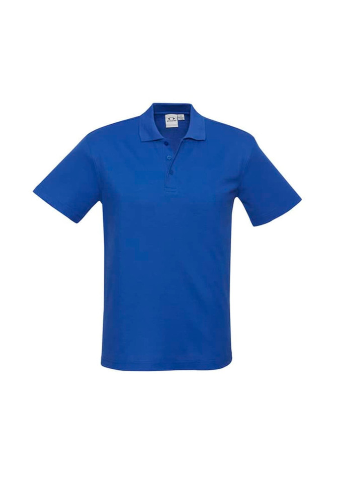 A blue polo shirt featuring a collar and short sleeves, with a logo on the chest area.
