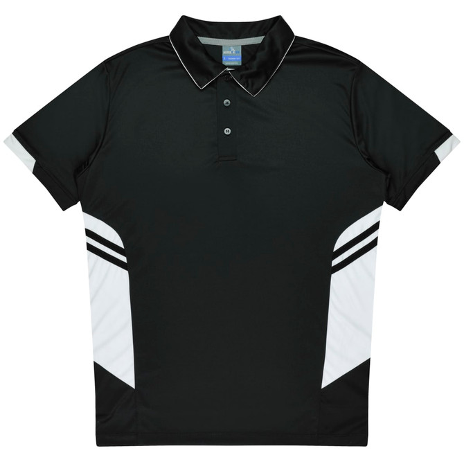 A black polo shirt featuring white accents and a logo. Designed for kids, with a collared neck and button placket.
