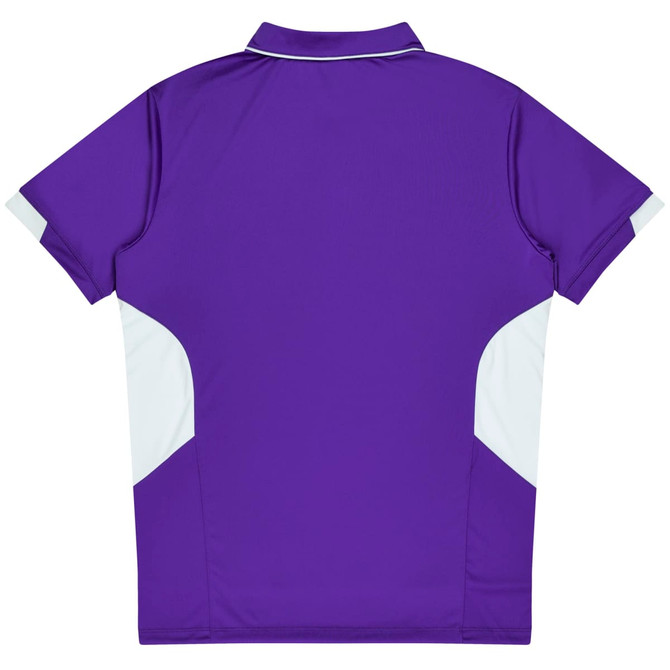 A purple polo shirt featuring white accents, designed for kids, with a branding logo on the garment.
