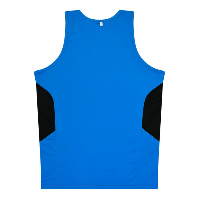 A blue singlet with black side panels and a logo on the back. 