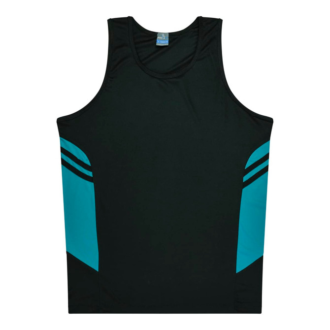 A black singlet featuring teal accents on the sides and a logo on the front.