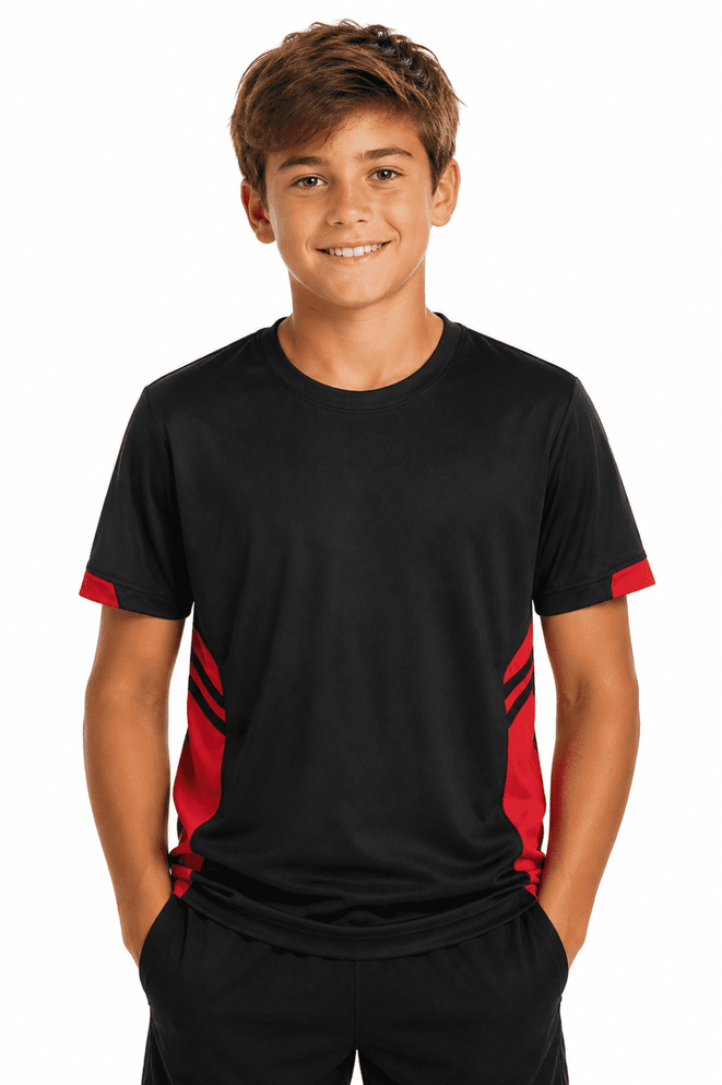 A black T-shirt with red accents, featuring a young boy smiling while posing with hands in pockets.