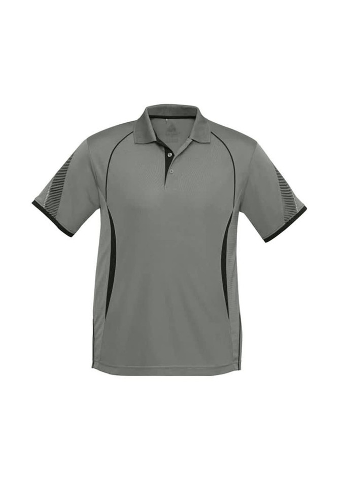 A short sleeve polo shirt in grey with contrasting black side panels and a logo on the chest.