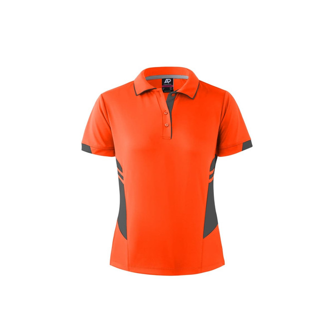 An orange polo shirt with grey accents, featuring a collar and a logo on the neck.