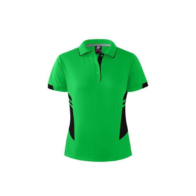 A green polo shirt with black accents and a collar, featuring a logo on the tag.