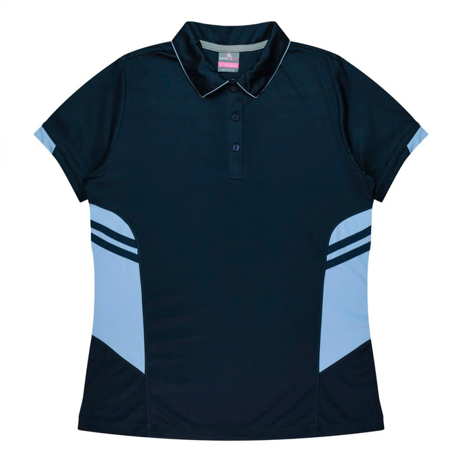 A navy blue polo shirt with light blue accents and a collar. It features a logo on the chest.