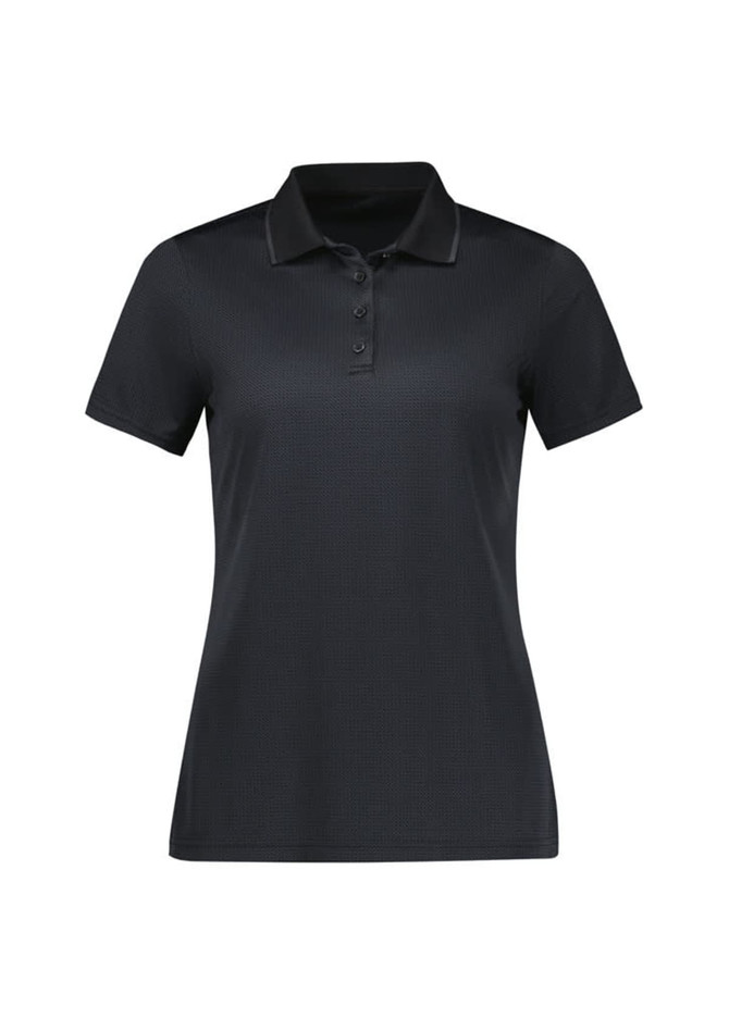 A women's short sleeve polo shirt in black, featuring a collar and three-button placket, with a subtle pattern.