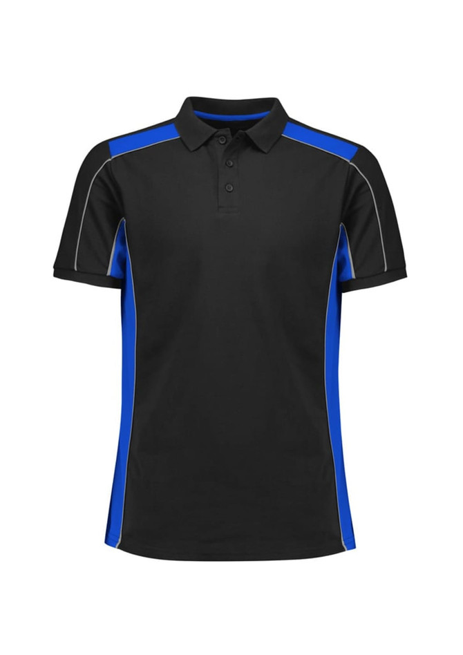 A unisex short sleeve polo shirt in black with blue side panels and a logo. Suitable for casual wear.