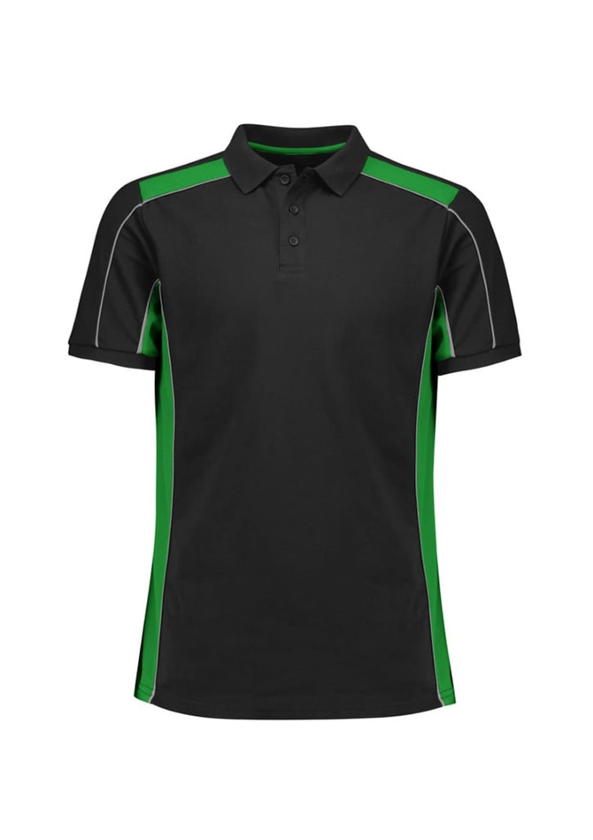 A black and green unisex short sleeve polo shirt with contrasting side panels and a logo on the chest.