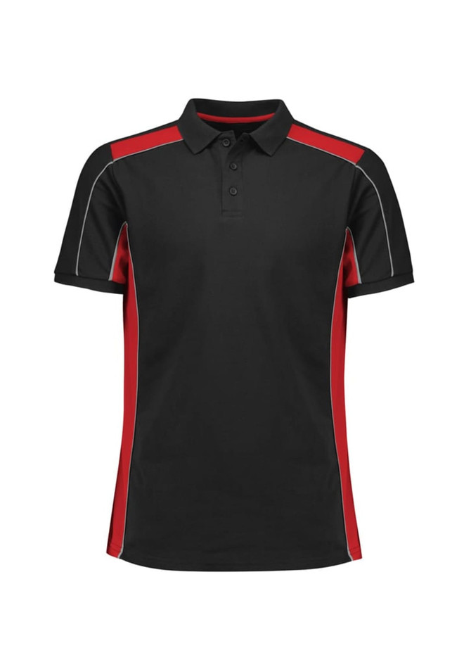 Unisex grid short sleeve polo in black with red side panels. Features a collar and three-button placket. Includes a logo.