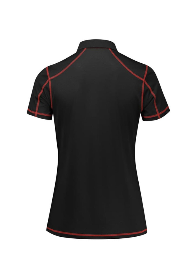A women's short sleeve polo shirt in black with red piping and a logo on the side.