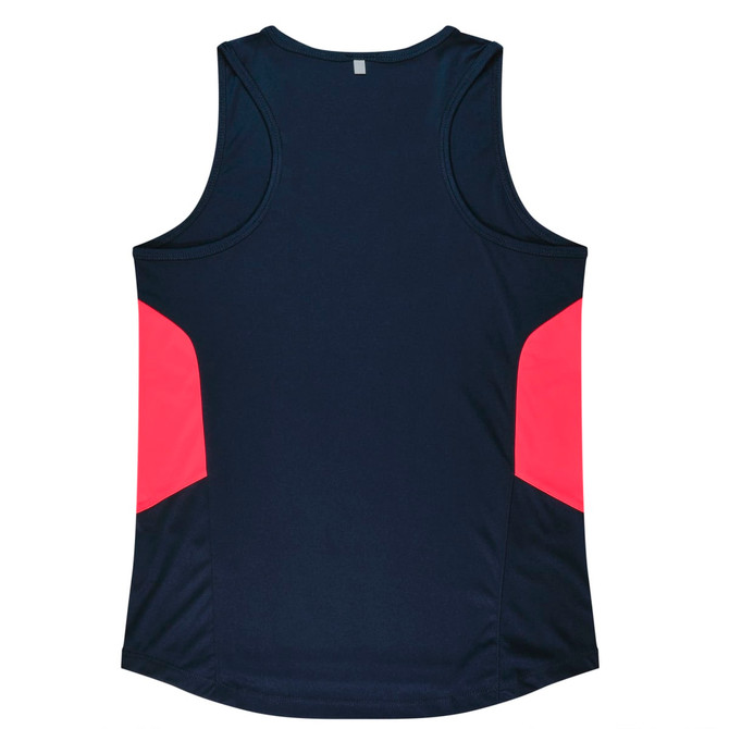 A navy singlet with pink side panels and a logo. The design is sleeveless and features a round neck.
