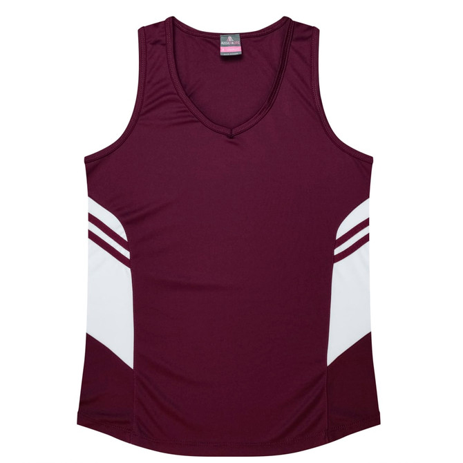 A maroon singlet featuring white side panels and a logo. Ideal for warm-weather wear.