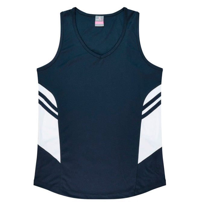 A navy singlet featuring side panels in white, designed for women. It has a v-neck and includes a logo.