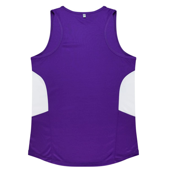 A purple singlet with white side panels and a logo, designed for women's wear.