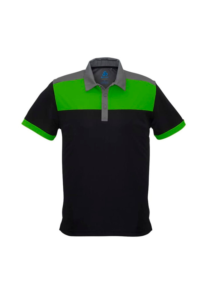 A black short sleeve polo shirt with bright green and grey accents, featuring a collar and a logo.