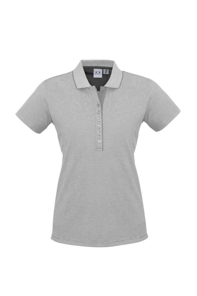 A grey women's short sleeve polo shirt with a button placket and a logo on the collar.