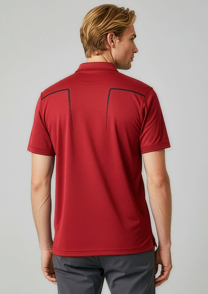 A men's short sleeve polo shirt in red, featuring a logo and contrasting detailing on the back.