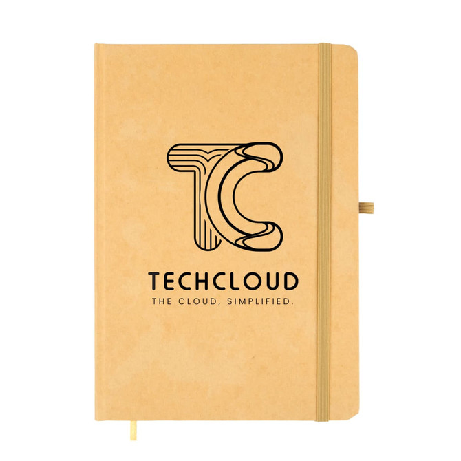 A Venture A5 Natura Notebook with a kraft cover featuring the TechCloud logo and tagline "THE CLOUD, SIMPLIFIED."