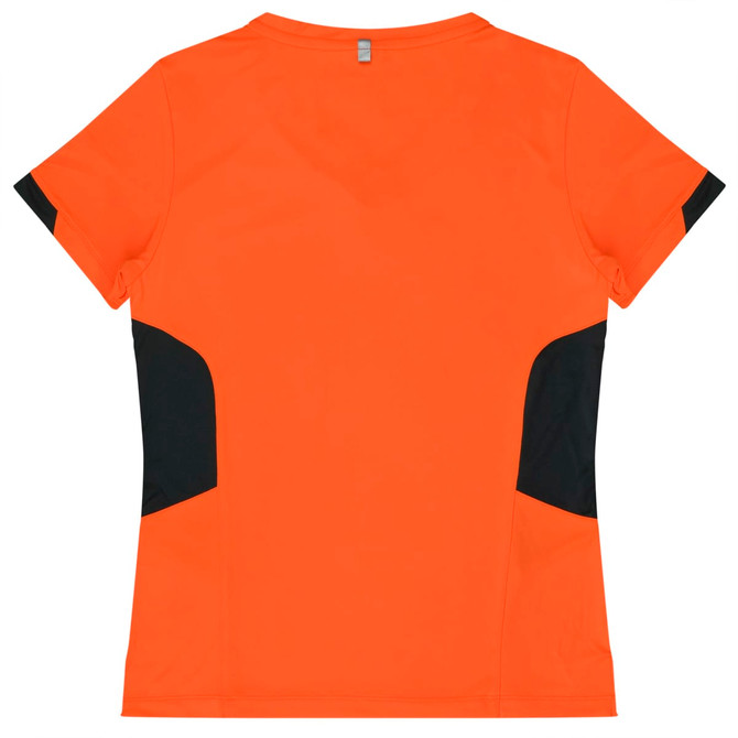 An orange women's t-shirt with black side panels and a logo on the back.