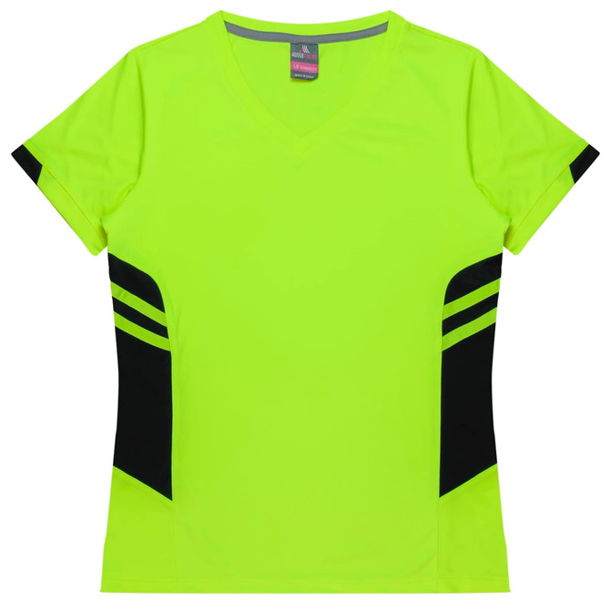 A bright yellow women's T-shirt featuring black side accents and a V-neck design. It has a logo on the label.