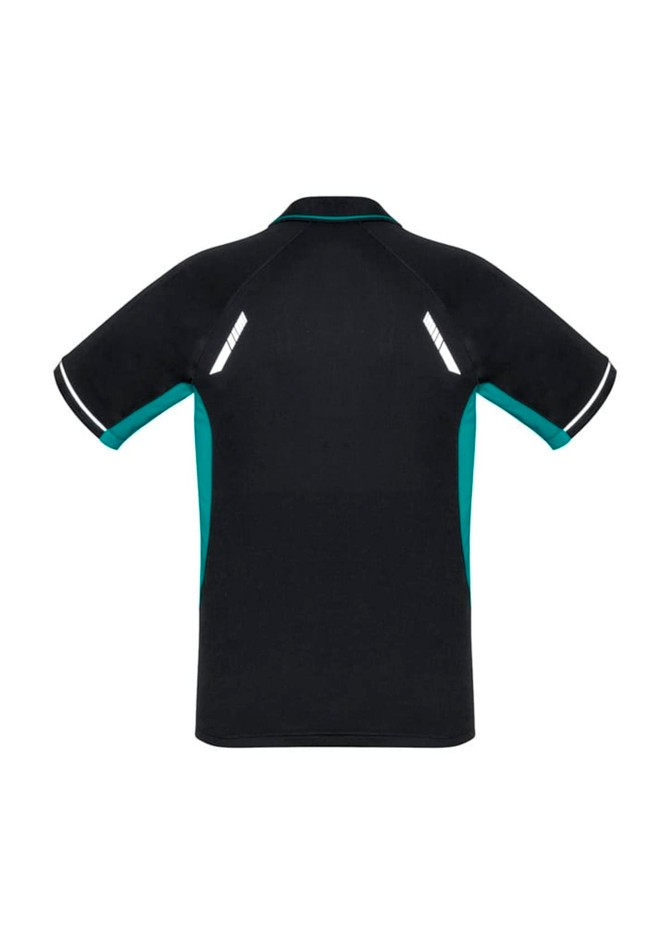 A black and teal short sleeve polo shirt featuring reflective detailing and a logo on the back.