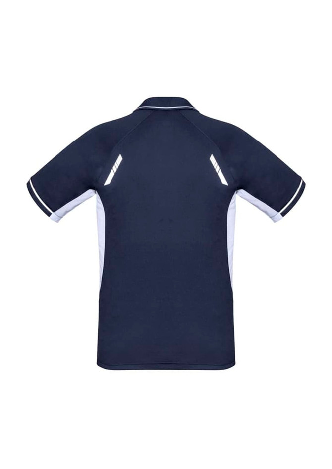 A navy blue short sleeve polo shirt with white accents and reflective details on the back. It features a logo.
