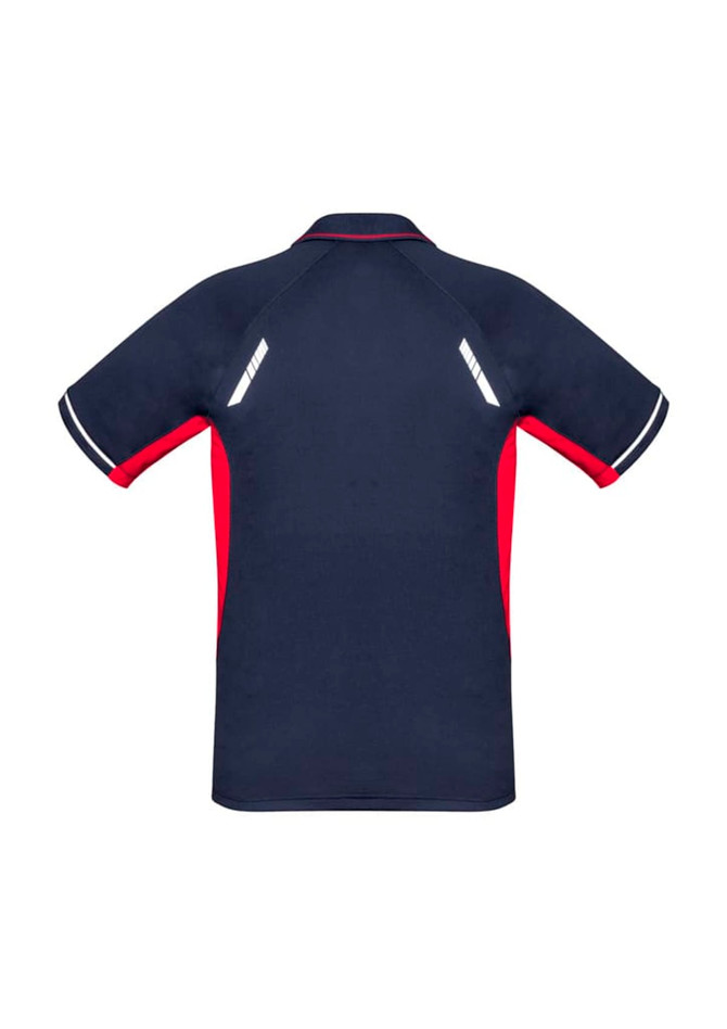 A navy and red short sleeve polo shirt with reflective detailing and a logo on the back.