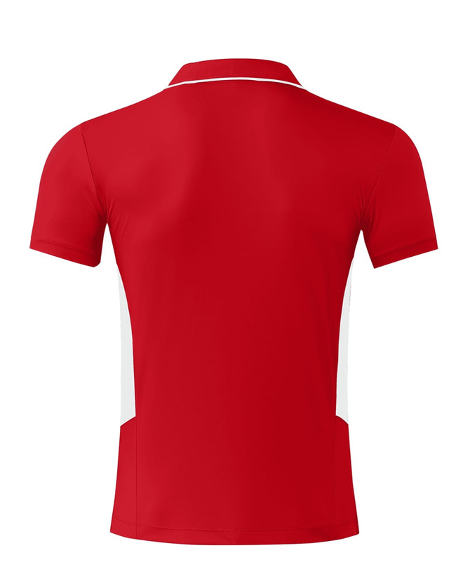A red polo shirt with white side panels and a collar, featuring a logo on the front.