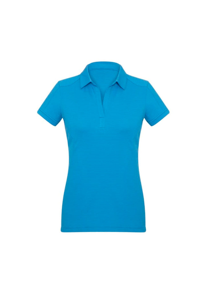 A women's short sleeve polo shirt in a vibrant blue colour, featuring a collar and a logo.