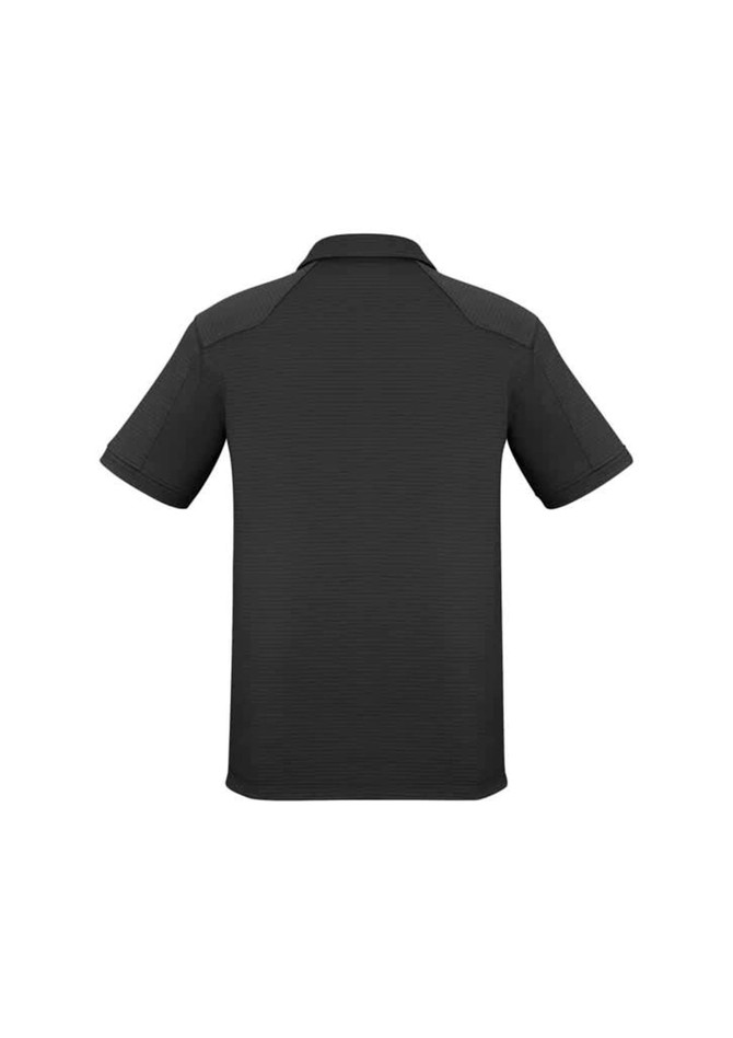 A black men's short sleeve polo shirt featuring a logo, with a textured design on the fabric.