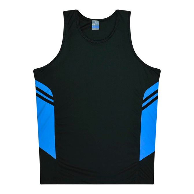 A black singlet featuring blue side panels and a logo. Suitable for kids.