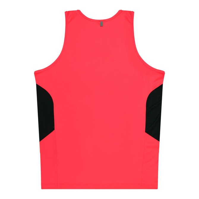 A red singlet with black side panels and a minimal branding logo on the back.