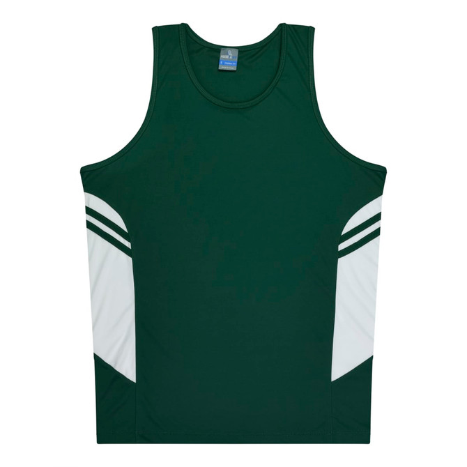 A green singlet featuring white accents and stripes, with a logo on the upper left.