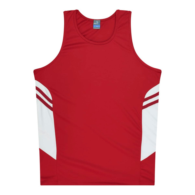 A red singlet with white detailing on the sides and a logo on the neckline.