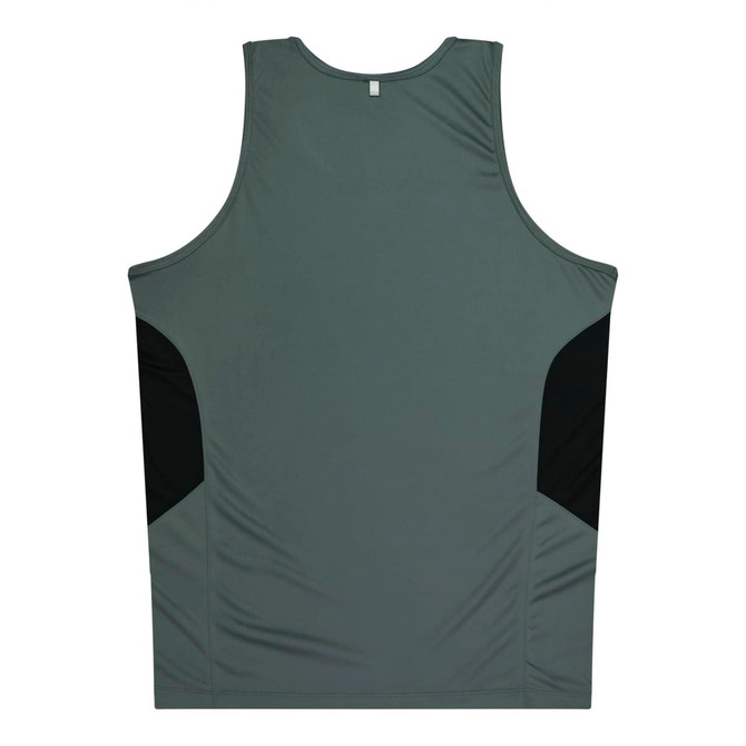 A green singlet with black side panels and a logo. Suitable for kids, made from lightweight material.