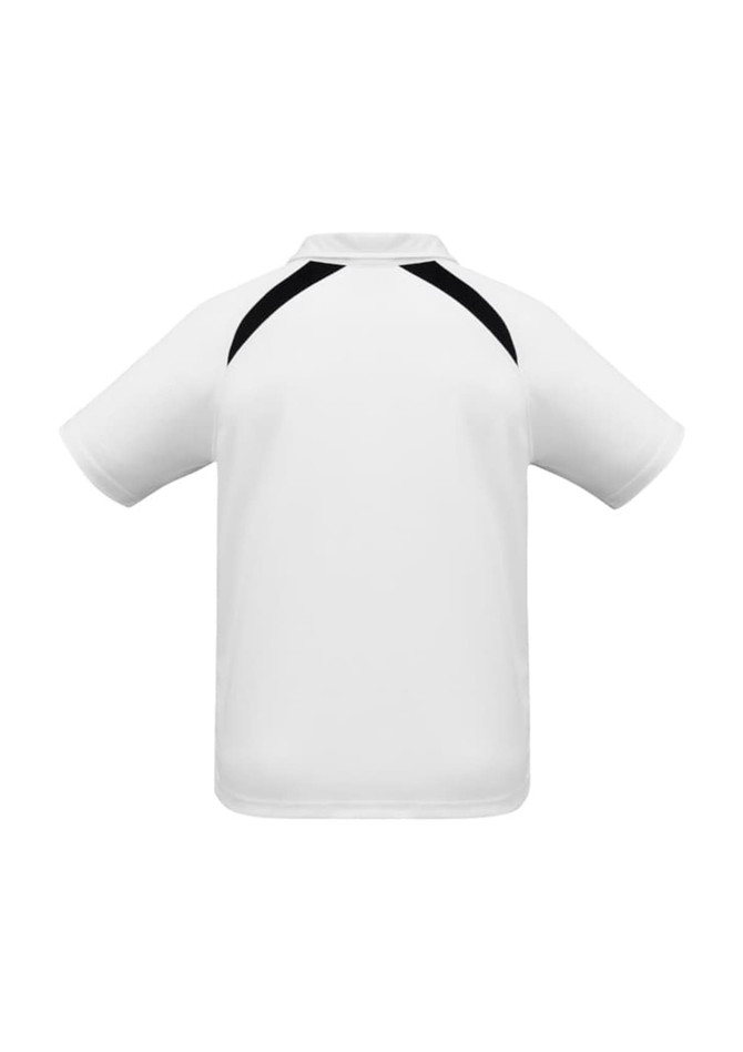 A white short sleeve polo shirt featuring black accents and a logo. Ideal for children's wear.