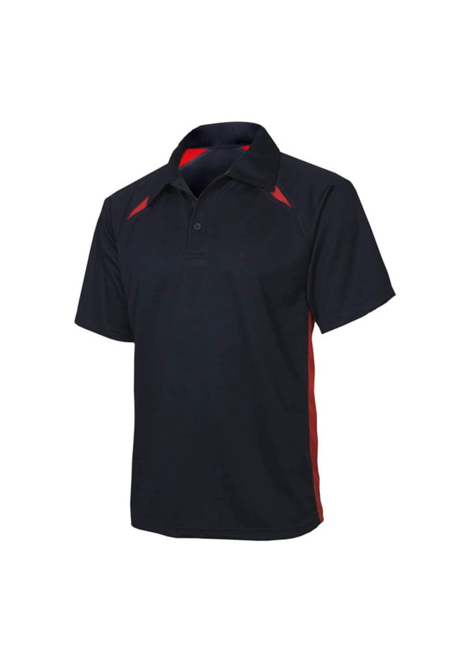 A black short sleeve polo shirt with red accents and a logo on the chest. Perfect for kids' casual wear.