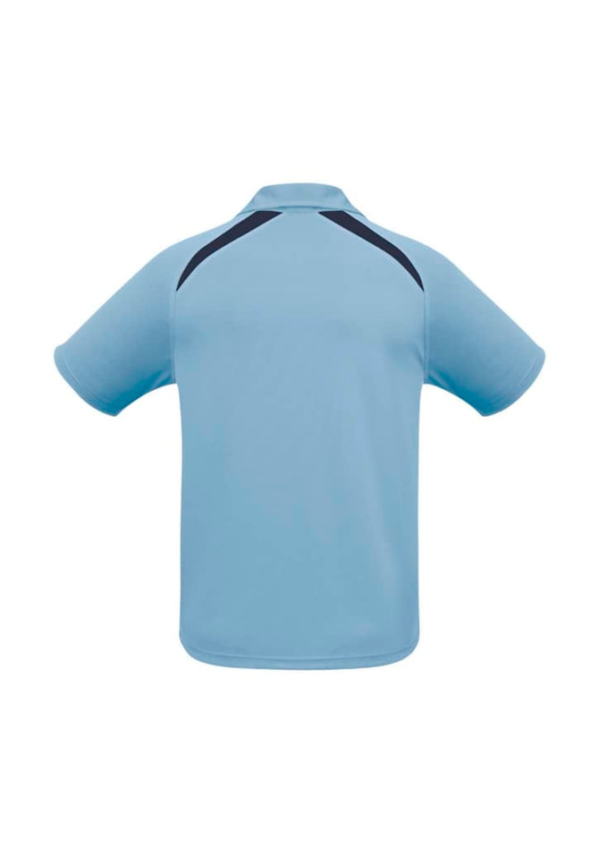 A short sleeve polo shirt in light blue with dark blue accents and a logo on the back.