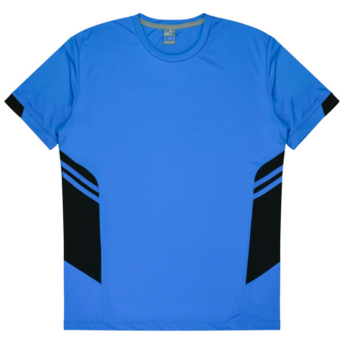 A blue T-shirt featuring black accents on the sides and a logo on the chest.