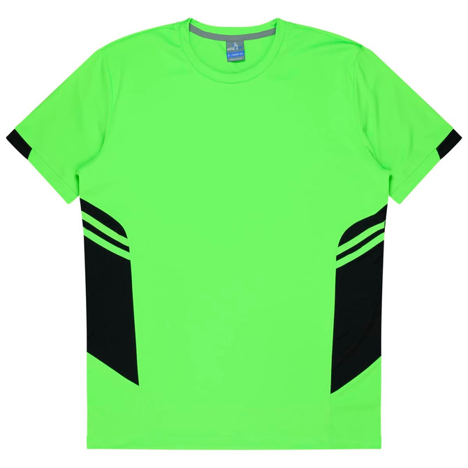 A bright green T-shirt featuring black accents on the sides and a logo on the neckline.