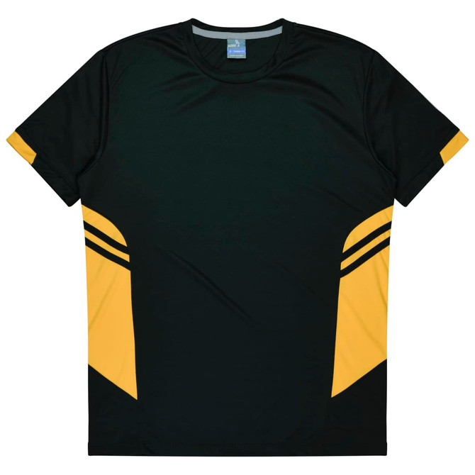 A dark green t-shirt with yellow accents and striped detailing on the sleeves. It features a logo on the neckline.