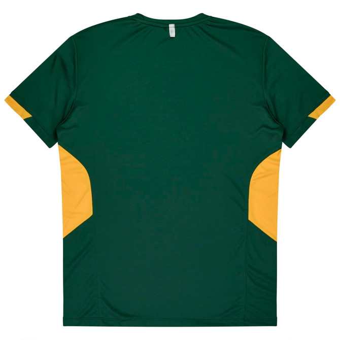 A green T-shirt with yellow side panels and a logo on the back. Suitable for kids.