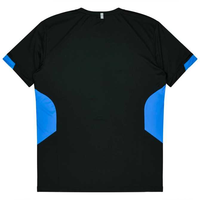 A black T-shirt with blue accents on the sides and a logo on the back.