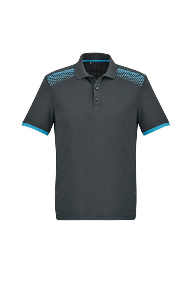 A dark green short sleeve polo shirt featuring blue accents and a patterned shoulder design. It has a branded logo.