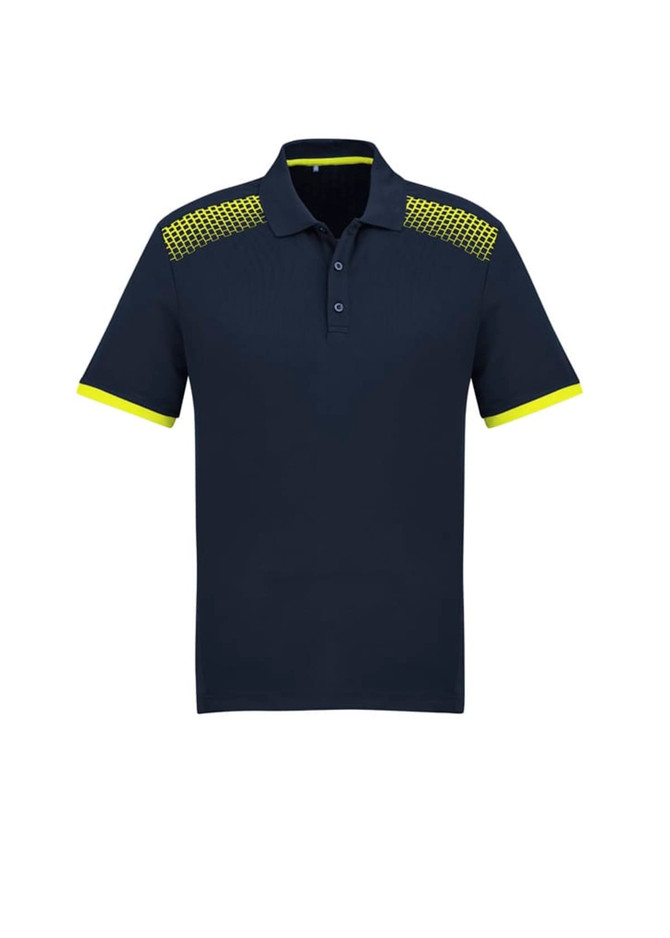 A navy men's short sleeve polo shirt featuring a patterned shoulder design and bright yellow accents.