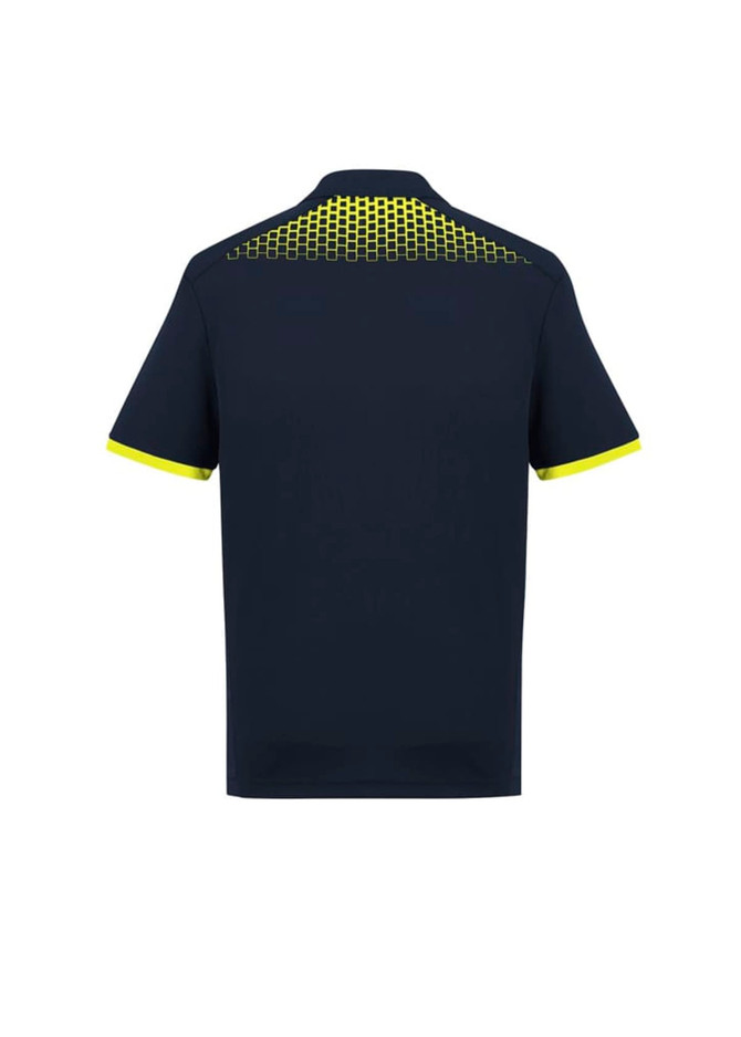 A navy short sleeve polo shirt featuring a grid pattern in bright yellow on the back. Includes a logo on the chest.