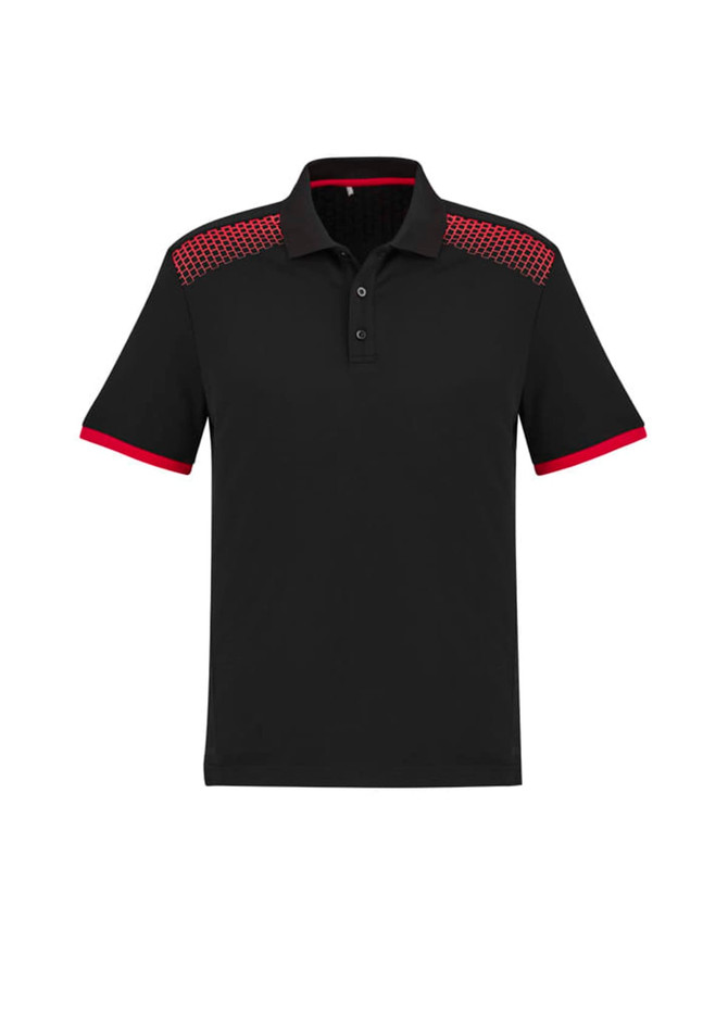 A black short sleeve polo shirt featuring red accents and a checkered pattern on the shoulders. It has a logo.