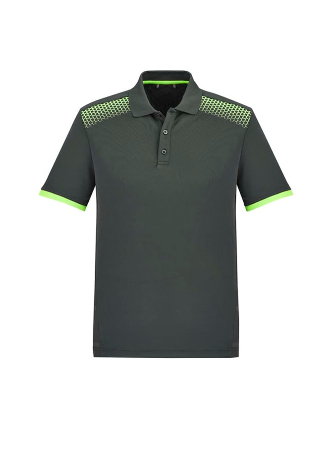 A men's short sleeve polo shirt in dark green with patterned shoulder details and lime green accents. It features a logo.