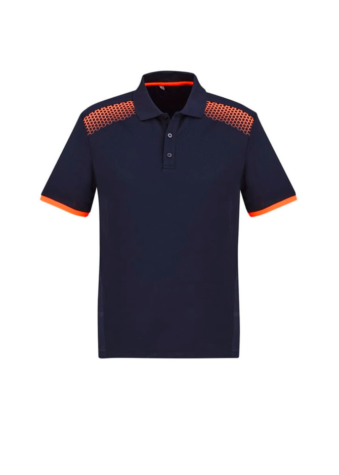A navy short sleeve polo shirt featuring orange accents and a patterned design on the shoulders. It has a logo.